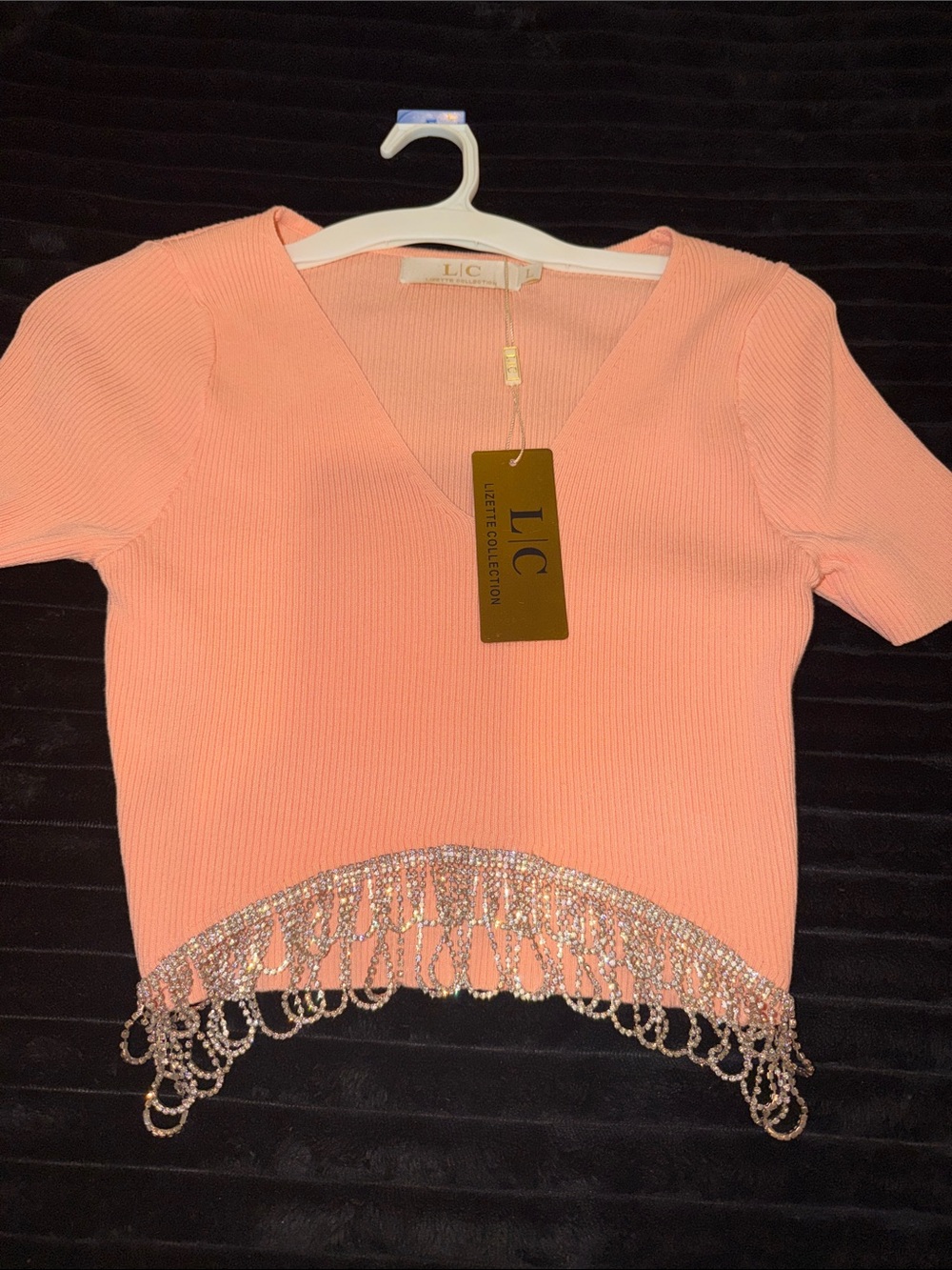 Peach Ribbed V-Neck Crop Top with rhinestone Fringe